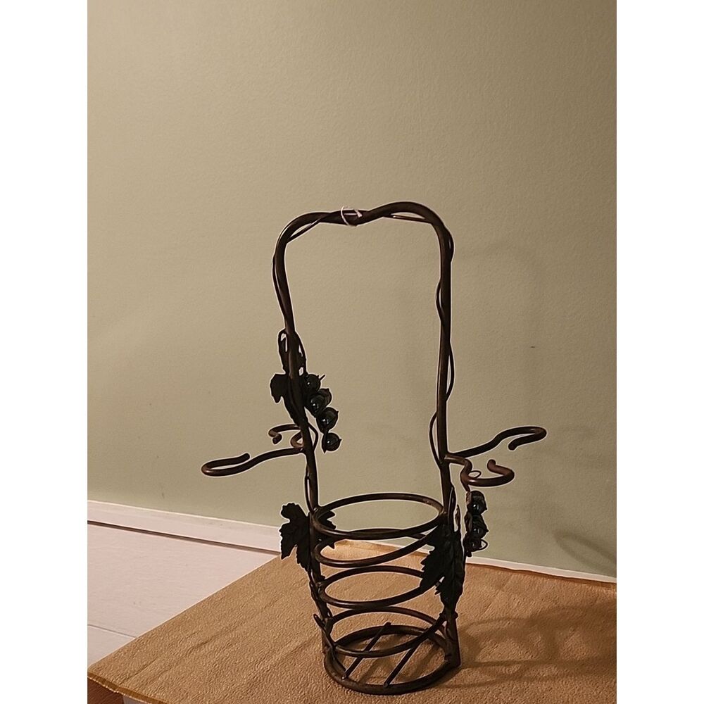 Wrought Iron Wine Bottle Holder with Leaf & Grape Accents - Brown